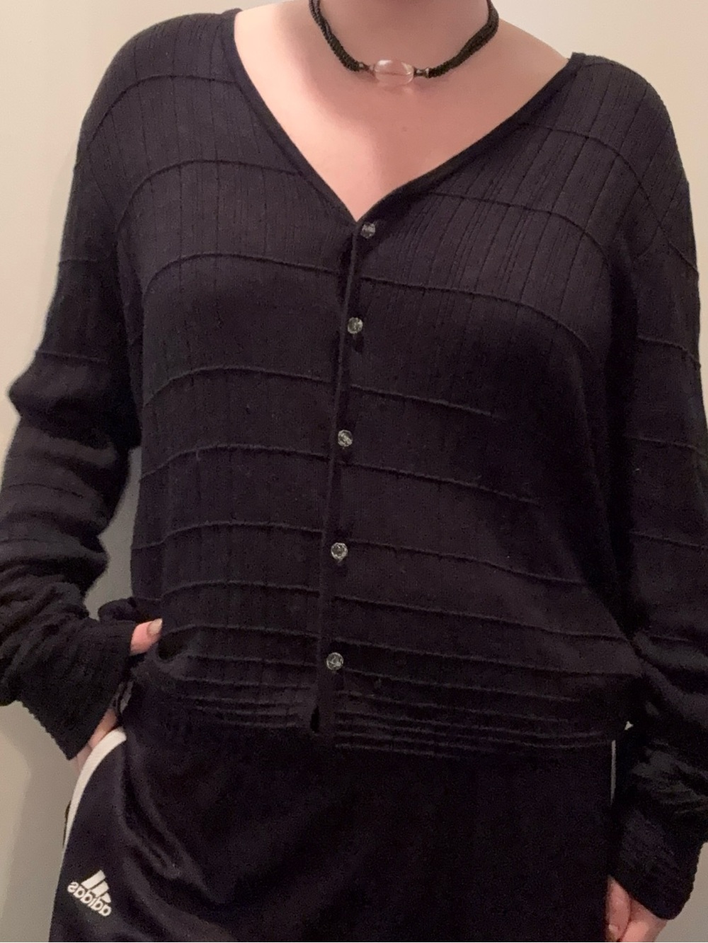 Vintage Composition Black Ribbed Button-Front Cardigan